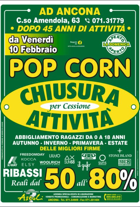 Ancona: POP CORN dal 50% all’ 80%